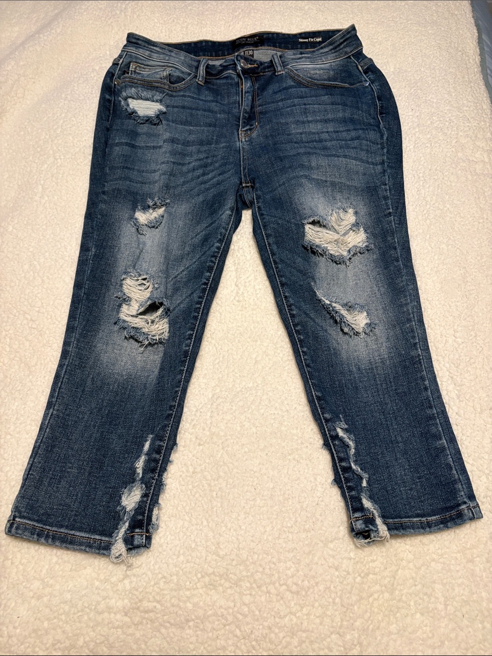 Judy Blue Distressed Cropped Jeans - Dark Blue Wash
